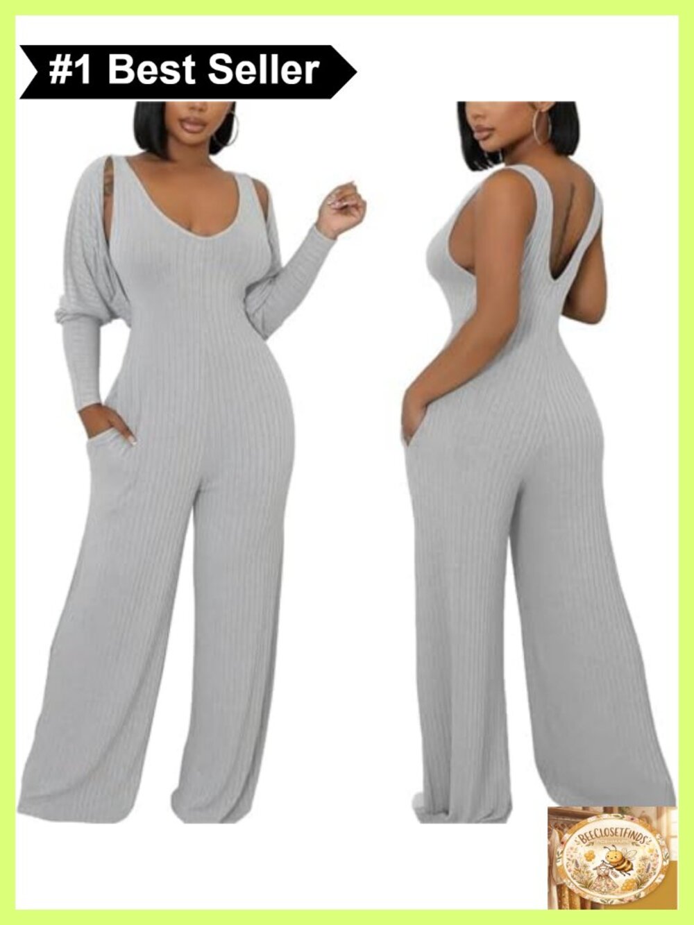 Ribbed Knit 2 Piece Set Sleeveless Wide Leg Jumpsuit & Cardigan Travel Outfit